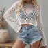 Women Long Sleeves Knitted Shirt Summer Flared Sleeves Loose Casual Beach Blouse Round Neck Hollow out Tops White L