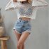 Women Long Sleeves Knitted Shirt Summer Flared Sleeves Loose Casual Beach Blouse Round Neck Hollow out Tops White L
