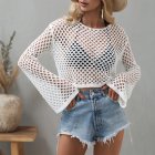 Women Long Sleeves Knitted Shirt Summer Flared Sleeves Loose Casual Beach Blouse Round Neck Hollow-out Tops White XL
