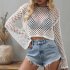 Women Long Sleeves Knitted Shirt Summer Flared Sleeves Loose Casual Beach Blouse Round Neck Hollow out Tops White XL