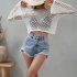 Women Long Sleeves Knitted Shirt Summer Flared Sleeves Loose Casual Beach Blouse Round Neck Hollow out Tops White XL