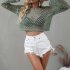 Women Long Sleeves Knitted Shirt Summer Flared Sleeves Loose Casual Beach Blouse Round Neck Hollow out Tops White XL