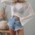 Women Long Sleeves Knitted Shirt Summer Flared Sleeves Loose Casual Beach Blouse Round Neck Hollow out Tops White XL