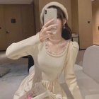 Women Long Sleeves Knitted Dress Fashion Elegant Square Collar A-line Skirt High Waist Solid Color Midi Skirt apricot one size