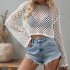 Women Long Sleeves Knitted Shirt Summer Flared Sleeves Loose Casual Beach Blouse Round Neck Hollow out Tops White XL
