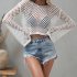 Women Long Sleeves Knitted Shirt Summer Flared Sleeves Loose Casual Beach Blouse Round Neck Hollow out Tops White XL