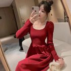 Women Long Sleeves Knitted Dress Fashion Elegant Square Collar A-line Skirt High Waist Solid Color Midi Skirt wine red one size