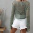 Women Long Sleeves Knitted Shirt Summer Flared Sleeves Loose Casual Beach Blouse Round Neck Hollow out Tops Grass green S