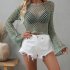 Women Long Sleeves Knitted Shirt Summer Flared Sleeves Loose Casual Beach Blouse Round Neck Hollow out Tops Grass green S