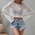 Women Long Sleeves Knitted Shirt Summer Flared Sleeves Loose Casual Beach Blouse Round Neck Hollow out Tops Grass green M