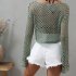 Women Long Sleeves Knitted Shirt Summer Flared Sleeves Loose Casual Beach Blouse Round Neck Hollow out Tops Grass green M