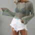 Women Long Sleeves Knitted Shirt Summer Flared Sleeves Loose Casual Beach Blouse Round Neck Hollow out Tops blue S