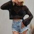 Women Long Sleeves Knitted Shirt Summer Flared Sleeves Loose Casual Beach Blouse Round Neck Hollow out Tops blue S