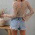 Women Long Sleeves Knitted Shirt Summer Flared Sleeves Loose Casual Beach Blouse Round Neck Hollow out Tops blue S
