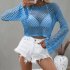 Women Long Sleeves Knitted Shirt Summer Flared Sleeves Loose Casual Beach Blouse Round Neck Hollow out Tops blue S