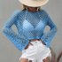 Women Long Sleeves Knitted Shirt Summer Flared Sleeves Loose Casual Beach Blouse Round Neck Hollow out Tops blue S