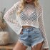 Women Long Sleeves Knitted Shirt Summer Flared Sleeves Loose Casual Beach Blouse Round Neck Hollow out Tops blue S
