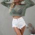 Women Long Sleeves Knitted Shirt Summer Flared Sleeves Loose Casual Beach Blouse Round Neck Hollow out Tops blue S