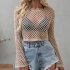 Women Long Sleeves Knitted Shirt Summer Flared Sleeves Loose Casual Beach Blouse Round Neck Hollow out Tops blue S
