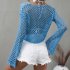 Women Long Sleeves Knitted Shirt Summer Flared Sleeves Loose Casual Beach Blouse Round Neck Hollow out Tops blue S