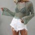 Women Long Sleeves Knitted Shirt Summer Flared Sleeves Loose Casual Beach Blouse Round Neck Hollow out Tops blue S