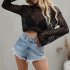 Women Long Sleeves Knitted Shirt Summer Flared Sleeves Loose Casual Beach Blouse Round Neck Hollow out Tops blue S