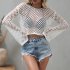 Women Long Sleeves Knitted Shirt Summer Flared Sleeves Loose Casual Beach Blouse Round Neck Hollow out Tops blue S