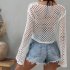 Women Long Sleeves Knitted Shirt Summer Flared Sleeves Loose Casual Beach Blouse Round Neck Hollow out Tops blue S