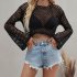 Women Long Sleeves Knitted Shirt Summer Flared Sleeves Loose Casual Beach Blouse Round Neck Hollow out Tops blue S