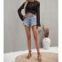 Women Long Sleeves Knitted Shirt Summer Flared Sleeves Loose Casual Beach Blouse Round Neck Hollow out Tops blue S