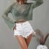 Women Long Sleeves Knitted Shirt Summer Flared Sleeves Loose Casual Beach Blouse Round Neck Hollow out Tops blue S