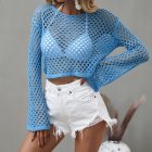 Women Long Sleeves Knitted Shirt Summer Flared Sleeves Loose Casual Beach Blouse Round Neck Hollow-out Tops blue L