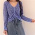Women Long Sleeves Knitted Shirt V neck Hollow out Slim Fit Crop Tops Elegant Solid Color Drawstring Blouse blue One size