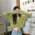 Women Long Sleeves Knitted Shirt V neck Hollow out Slim Fit Crop Tops Elegant Solid Color Drawstring Blouse blue One size