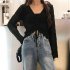 Women Long Sleeves Knitted Shirt V neck Hollow out Slim Fit Crop Tops Elegant Solid Color Drawstring Blouse blue One size