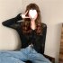 Women Long Sleeves Knitted Shirt V neck Hollow out Slim Fit Crop Tops Elegant Solid Color Drawstring Blouse blue One size