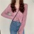 Women Long Sleeves Knitted Shirt V neck Hollow out Slim Fit Crop Tops Elegant Solid Color Drawstring Blouse blue One size