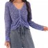 Women Long Sleeves Knitted Shirt V neck Hollow out Slim Fit Crop Tops Elegant Solid Color Drawstring Blouse blue One size