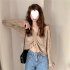 Women Long Sleeves Knitted Shirt V neck Hollow out Slim Fit Crop Tops Elegant Solid Color Drawstring Blouse blue One size