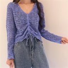 Women Long Sleeves Knitted Shirt V-neck Hollow-out Slim Fit Crop Tops Elegant Solid Color Drawstring Blouse blue One size