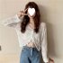 Women Long Sleeves Knitted Shirt V neck Hollow out Slim Fit Crop Tops Elegant Solid Color Drawstring Blouse blue One size