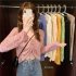 Women Long Sleeves Knitted Shirt V neck Hollow out Slim Fit Crop Tops Elegant Solid Color Drawstring Blouse blue One size