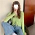 Women Long Sleeves Knitted Shirt V neck Hollow out Slim Fit Crop Tops Elegant Solid Color Drawstring Blouse blue One size