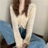 Women Long Sleeves Knitted Shirt V neck Hollow out Slim Fit Crop Tops Elegant Solid Color Drawstring Blouse blue One size