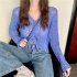 Women Long Sleeves Knitted Shirt V neck Hollow out Slim Fit Crop Tops Elegant Solid Color Drawstring Blouse blue One size