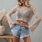 Women Long Sleeves Knitted Shirt Summer Flared Sleeves Loose Casual Beach Blouse Round Neck Hollow-out Tops Khaki S
