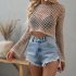 Women Long Sleeves Knitted Shirt Summer Flared Sleeves Loose Casual Beach Blouse Round Neck Hollow out Tops Khaki S