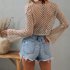 Women Long Sleeves Knitted Shirt Summer Flared Sleeves Loose Casual Beach Blouse Round Neck Hollow out Tops Khaki S