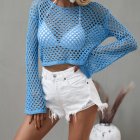 Women Long Sleeves Knitted Shirt Summer Flared Sleeves Loose Casual Beach Blouse Round Neck Hollow-out Tops blue XL