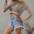 Women Long Sleeves Knitted Shirt Summer Flared Sleeves Loose Casual Beach Blouse Round Neck Hollow out Tops Khaki S